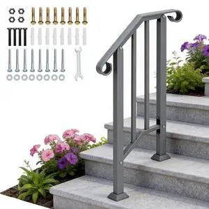 Handrails for Outdoor Steps, Stair Handrail Fits 1 to 5 Steps, Wrought Iron Hand Rail Stair Railing Kit for Concrete/Porch/Wooden Steps (1, Silver Grey, 1 to 2 Steps) Handrails for Outdoor Steps, Stair Handrail Fits 1 to 5 Steps, Wrought Iron Hand Rail Stair Railing Kit for Concrete/Porch/Wooden Steps (1, Silver Grey, 1 to 2 Steps)