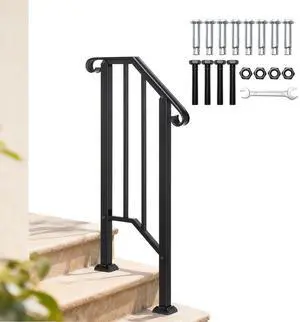 Handrails for Outdoor Steps, Stair Handrail Fits 1 to 5 Steps, Wrought Iron Hand Rail Stair Railing Kit for Concrete/Porch/Wooden Steps (1, Black, 1 to 2 Steps) Handrails for Outdoor Steps, Stair Handrail Fits 1 to 5 Steps, Wrought Iron Hand Rail Stair Railing Kit for Concrete/Porch/Wooden Steps (1, Black, 1 to 2 Steps)