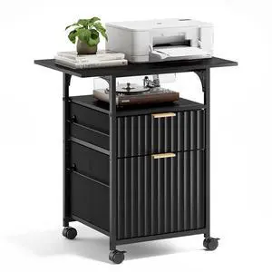 2 Drawer File Cabinet with 24'' Extended Desktop, Fluted Filing Cabinet Mobile Under Desk File Cabinet with Wheels, Fabric Drawers Printer Stand for Home Office, Fits Letter Size, Black 2 Drawer File Cabinet with 24'' Extended Desktop, Fluted Filing Cabinet Mobile Under Desk File Cabinet with Wheels, Fabric Drawers Printer Stand for Home Office, Fits Letter Size, Black