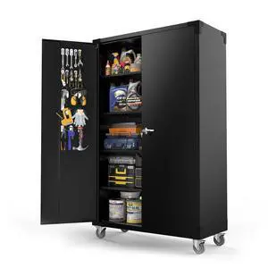 Upgraded Wide & Deep Garage Storage Cabinet, Metal Storage Cabinet with Pegboards, Wheels, Locking Doors and Adjustable Shelves (Black, 43''W x 20''D x 72''H) Upgraded Wide & Deep Garage Storage Cabinet, Metal Storage Cabinet with Pegboards, Wheels, Locking Doors and Adjustable Shelves (Black, 43''W x 20''D x 72''H)