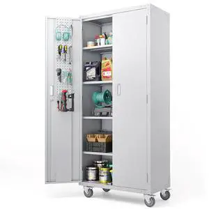72'' Tall Garage Storage Cabinet, Metal Storage Cabinet with Pegboards, Wheels, Locking Doors and Adjustable Shelves (Gray, 32''W x 16''D x 72''H) 72'' Tall Garage Storage Cabinet, Metal Storage Cabinet with Pegboards, Wheels, Locking Doors and Adjustable Shelves (Gray, 32''W x 16''D x 72''H)
