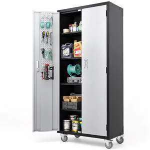 72'' Tall Garage Storage Cabinet, Metal Storage Cabinet with Wheels, Locking Doors and Adjustable Shelves (Black & Silver, 32''W x 16''D x 72''H) 72'' Tall Garage Storage Cabinet, Metal Storage Cabinet with Wheels, Locking Doors and Adjustable Shelves (Black & Silver, 32''W x 16''D x 72''H)