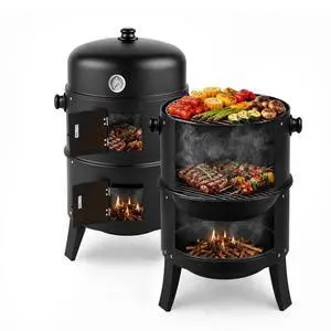 18 Inch Multi-Layer Charcoal BBQ Smoker Grill, Heavy Duty Round Grill, Vertical Smoker with Thermometer, for Outdoor Cooking, Patio, Parties, Backyard 18 Inch Multi-Layer Charcoal BBQ Smoker Grill, Heavy Duty Round Grill, Vertical Smoker with Thermometer, for Outdoor Cooking, Patio, Parties, Backyard