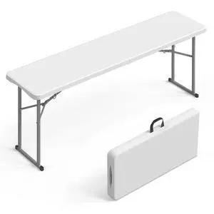 6 FT Narrow Folding Table, Tabletop Folded in Half, Premium Quality HDPE Material and Sturdy Metal Frame, Perfect for Buffet, Seminar, Party, Training, Home Work, White 6 FT Narrow Folding Table, Tabletop Folded in Half, Premium Quality HDPE Material and Sturdy Metal Frame, Perfect for Buffet, Seminar, Party, Training, Home Work, White