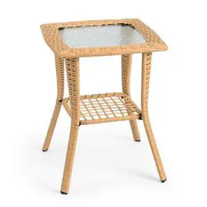 Outdoor Side Table with Storage Wicker Patio Side Table, Tempered Glass Top End Table for Balcony Porch Deck (Beige) Outdoor Side Table with Storage Wicker Patio Side Table, Tempered Glass Top End Table for Balcony Porch Deck (Beige)