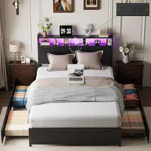 Full Bed Frame with 4 Storage Drawers and Adjustable Headboard Shelf, Metal Double Platform Captain Bed with Charging Station and RGB LED Lights, No Box Spring Needed, Noise Free, Black Full Bed Frame with 4 Storage Drawers and Adjustable Headboard Shelf, Metal Double Platform Captain Bed with Charging Station and RGB LED Lights, No Box Spring Needed, Noise Free, Black