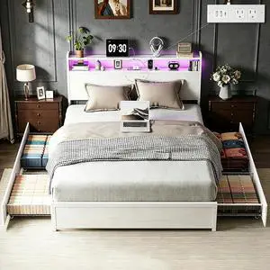 Full Platform Bed Frame with 4 Storage Drawers and Headboard Shelves, Metal Double Bed with Charging Station and LED Lights, No Box Spring Needed, Noise Free, Easy Assembly, White Full Platform Bed Frame with 4 Storage Drawers and Headboard Shelves, Metal Double Bed with Charging Station and LED Lights, No Box Spring Needed, Noise Free, Easy Assembly, White