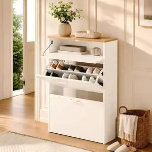 Shoe Cabinet Storage for Entryway,White Small Narrow Shoe Rack,25" W | 812 Pairs,Skirting Board Cutout,Drop-Down Drawer,9.4"D Slim,Two-Tone Oak & White,2 Flip Drawers,Adjustable & Removable Shelf Shoe Cabinet Storage for Entryway,White Small Narrow Shoe Rack,25" W | 812 Pairs,Skirting Board Cutout,Drop-Down Drawer,9.4"D Slim,Two-Tone Oak & White,2 Flip Drawers,Adjustable & Removable Shelf