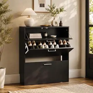 Black Shoe Cabinet for Entryway, Modern Slim Shoe Rack Storage with 3 Flip Drawers, Narrow Free Standing Sneaker Organizer for Hallway, 9.5" Depth, Matte Black Finish Black Shoe Cabinet for Entryway, Modern Slim Shoe Rack Storage with 3 Flip Drawers, Narrow Free Standing Sneaker Organizer for Hallway, 9.5" Depth, Matte Black Finish