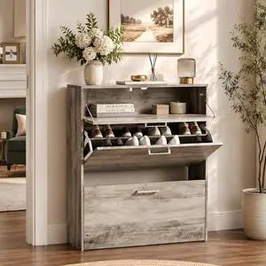 Grey Shoe Cabinet for Entryway, Slim Shoe Rack Storage with 3 Flip Drawers, Rustic Washed Grey Wood Finish, Narrow Hidden Shoe Organizer for Hallway, 9.5" Depth, Greige Grey Shoe Cabinet for Entryway, Slim Shoe Rack Storage with 3 Flip Drawers, Rustic Washed Grey Wood Finish, Narrow Hidden Shoe Organizer for Hallway, 9.5" Depth, Greige