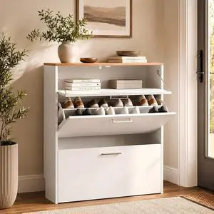 Shoe Cabinet for Entryway, Slim Shoe Rack Storage Organizer with 3 Flip Drawers, Modern White Hidden Shoe Shelf with Oak Top, Narrow Free Standing Sneaker Cabinet for Hallway, 9.5" Depth Shoe Cabinet for Entryway, Slim Shoe Rack Storage Organizer with 3 Flip Drawers, Modern White Hidden Shoe Shelf with Oak Top, Narrow Free Standing Sneaker Cabinet for Hallway, 9.5" Depth