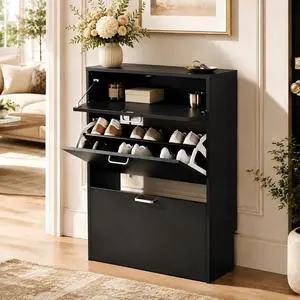 Shoe Cabinet Storage for Entryway,Black Small Narrow Shoe Rack,25" W | 812 Pairs,Skirting Board Cutout,Drop-Down Drawer,9.4"D Slim,Modern Black,2 Flip Drawers,Adjustable & Removable Shelf Shoe Cabinet Storage for Entryway,Black Small Narrow Shoe Rack,25" W | 812 Pairs,Skirting Board Cutout,Drop-Down Drawer,9.4"D Slim,Modern Black,2 Flip Drawers,Adjustable & Removable Shelf
