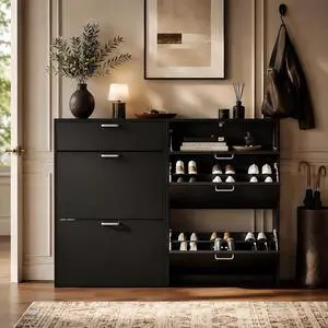 Set of 2 Shoe Cabinets Storage for Entryway,2-Pack,Black | 1624 Pairs,Skirting Board Cutout,Drop-Down Drawer,9.4"D Slim,Modern,2 Flip Drawers,Adjustable & Removable Shelf Set of 2 Shoe Cabinets Storage for Entryway,2-Pack,Black | 1624 Pairs,Skirting Board Cutout,Drop-Down Drawer,9.4"D Slim,Modern,2 Flip Drawers,Adjustable & Removable Shelf