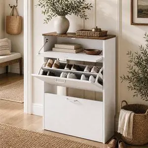 Shoe Cabinet Storage for Entryway,Rustic White Narrow Shoe Rack,25"W | 812 Pairs,Skirting Board Cutout,1 Drop-Down Drawer,9.4"D Ultra Slim,Washed White & Vintage Brown,2 Flip Drawers,Farmhouse Shoe Cabinet Storage for Entryway,Rustic White Narrow Shoe Rack,25"W | 812 Pairs,Skirting Board Cutout,1 Drop-Down Drawer,9.4"D Ultra Slim,Washed White & Vintage Brown,2 Flip Drawers,Farmhouse