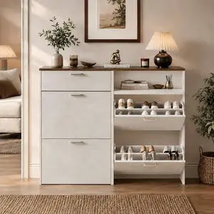 Set of 2 Shoe Cabinets Storage for Entryway,2-Pack,Rustic White | 1624 Pairs,Skirting Board Cutout,Drop-Down Drawer,9.4"D Slim,Farmhouse,2 Flip Drawers,Adjustable & Removable Shelf Set of 2 Shoe Cabinets Storage for Entryway,2-Pack,Rustic White | 1624 Pairs,Skirting Board Cutout,Drop-Down Drawer,9.4"D Slim,Farmhouse,2 Flip Drawers,Adjustable & Removable Shelf