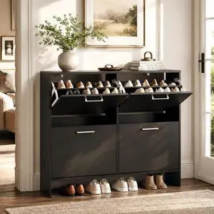Black Shoe Cabinet for Entryway, Ultra Slim Shoe Rack Storage with 4 Flip Drawers, Modern Narrow Shoe Organizer for Hallway, Hidden Sneaker Cupboard, 42 Inch Wide Black Shoe Cabinet for Entryway, Ultra Slim Shoe Rack Storage with 4 Flip Drawers, Modern Narrow Shoe Organizer for Hallway, Hidden Sneaker Cupboard, 42 Inch Wide