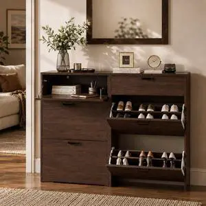 Set of 2 Shoe Cabinets Storage for Entryway,2-Pack,Walnut | 1624 Pairs,Skirting Board Cutout,Drop-Down Drawer,9.4"D Slim,Modern,2 Flip Drawers,Adjustable & Removable Shelf Set of 2 Shoe Cabinets Storage for Entryway,2-Pack,Walnut | 1624 Pairs,Skirting Board Cutout,Drop-Down Drawer,9.4"D Slim,Modern,2 Flip Drawers,Adjustable & Removable Shelf