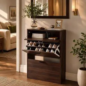 Shoe Cabinet Storage for Entryway,Walnut Narrow Wood Shoe Rack,25" W | 812 Pairs,Skirting Board Cutout,Drop-Down Drawer,9.4"D Slim,Walnut,2 Flip Drawers,Adjustable & Removable Shelf,Freestanding Shoe Cabinet Storage for Entryway,Walnut Narrow Wood Shoe Rack,25" W | 812 Pairs,Skirting Board Cutout,Drop-Down Drawer,9.4"D Slim,Walnut,2 Flip Drawers,Adjustable & Removable Shelf,Freestanding