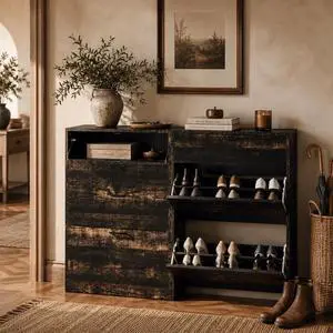 Set of 2 Shoe Cabinets Storage for Entryway,2-Pack,Dark Rustic Oak | 1624 Pairs,Skirting Board Cutout,Drop-Down Drawer,9.4"D Slim,Farmhouse,2 Flip Drawers,Adjustable & Removable Shelf Set of 2 Shoe Cabinets Storage for Entryway,2-Pack,Dark Rustic Oak | 1624 Pairs,Skirting Board Cutout,Drop-Down Drawer,9.4"D Slim,Farmhouse,2 Flip Drawers,Adjustable & Removable Shelf