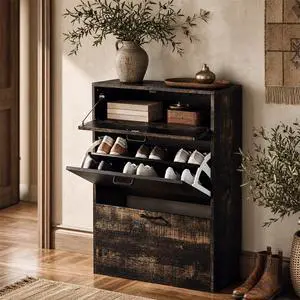 Shoe Cabinet Storage for Entryway,Rustic Small Narrow Shoe Rack,25"W | 812 Pairs,Skirting Board Cutout,Drop-Down Drawer,9.4"D Slim,Dark Rustic Oak,2 Flip Drawers,Adjustable & Removable Shelf Shoe Cabinet Storage for Entryway,Rustic Small Narrow Shoe Rack,25"W | 812 Pairs,Skirting Board Cutout,Drop-Down Drawer,9.4"D Slim,Dark Rustic Oak,2 Flip Drawers,Adjustable & Removable Shelf