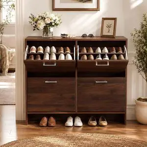 Walnut Shoe Cabinet for Entryway, Slim Rustic Shoe Storage Cabinet with 4 Flip Drawers, Mid-Century Modern Wood Shoe Rack Organizer, Narrow Farmhouse Cupboard, Dark Brown, 42 Inch Walnut Shoe Cabinet for Entryway, Slim Rustic Shoe Storage Cabinet with 4 Flip Drawers, Mid-Century Modern Wood Shoe Rack Organizer, Narrow Farmhouse Cupboard, Dark Brown, 42 Inch