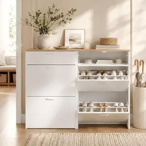Set of 2 Shoe Cabinets Storage for Entryway,2-Pack,White | 1624 Pairs,Skirting Board Cutout,Drop-Down Drawer,9.4"D Slim,Two-Tone Oak&White,2 Flip Drawers,Adjustable & Removable Shelf Set of 2 Shoe Cabinets Storage for Entryway,2-Pack,White | 1624 Pairs,Skirting Board Cutout,Drop-Down Drawer,9.4"D Slim,Two-Tone Oak&White,2 Flip Drawers,Adjustable & Removable Shelf