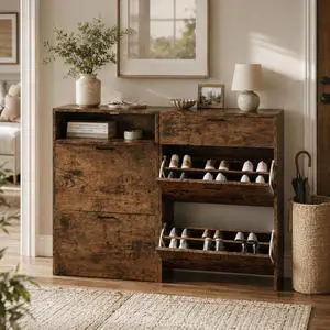 Set of 2 Shoe Cabinets Storage for Entryway,2-Pack,Rustic Brown | 1624 Pairs,Skirting Board Cutout,Drop-Down Drawer,9.4"D Slim,Farmhouse,2 Flip Drawers,Adjustable & Removable Shelf Set of 2 Shoe Cabinets Storage for Entryway,2-Pack,Rustic Brown | 1624 Pairs,Skirting Board Cutout,Drop-Down Drawer,9.4"D Slim,Farmhouse,2 Flip Drawers,Adjustable & Removable Shelf