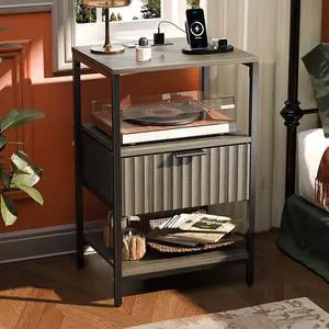 Grey Night Stand with Charging Station and Fabric Drawer, Fluted Nightstand, Gray Nightstand with Drawer, Bed Side Table/End Table for Bedroom, Dorm, 14.96" W*11.81" D*23.7" H, 1 pc Grey Night Stand with Charging Station and Fabric Drawer, Fluted Nightstand, Gray Nightstand with Drawer, Bed Side Table/End Table for Bedroom, Dorm, 14.96" W*11.81" D*23.7" H, 1 pc