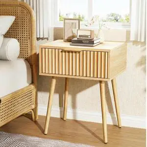 Fluted Nightstand with Drawer, 19" W Mid Century Modern Nightstand for Bedroom, Bedside Table, End Tables Bedroom, Wood Night Stand, Oak, 18.9" W*14.96" D*24" H Fluted Nightstand with Drawer, 19" W Mid Century Modern Nightstand for Bedroom, Bedside Table, End Tables Bedroom, Wood Night Stand, Oak, 18.9" W*14.96" D*24" H