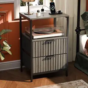 Grey Night Stand with Charging Station and Fabric Drawers, Fluted Nightstand Gray with Drawers, Grey Bedside Table/End Table for Bedroom, 14.96" W*11.81" D*23.78" H Grey Night Stand with Charging Station and Fabric Drawers, Fluted Nightstand Gray with Drawers, Grey Bedside Table/End Table for Bedroom, 14.96" W*11.81" D*23.78" H