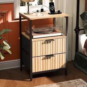 Night Stand with Charging Station and Fabric Drawers, Fluted Nightstand Oak with 2 Drawers, Bed Side Table/End Table for Bedroom, 14.96" W*11.81" D*23.78" H Night Stand with Charging Station and Fabric Drawers, Fluted Nightstand Oak with 2 Drawers, Bed Side Table/End Table for Bedroom, 14.96" W*11.81" D*23.78" H