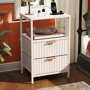 White Nightstand with Charging Station and Fabric Drawers, Fluted Nightstand with Drawers, White Side Table/Night Stand with Charging Station for Bedroom, Dorm, 14.96" W*11.81" D*23.78" H White Nightstand with Charging Station and Fabric Drawers, Fluted Nightstand with Drawers, White Side Table/Night Stand with Charging Station for Bedroom, Dorm, 14.96" W*11.81" D*23.78" H