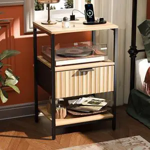 Night Stand with Charging Station and Fabric Drawer, Fluted Nightstand with Drawer, Bed Side Table/End Table for Bedroom, Dorm, 14.96" W*11.81" D*23.7" H, 1 pc Night Stand with Charging Station and Fabric Drawer, Fluted Nightstand with Drawer, Bed Side Table/End Table for Bedroom, Dorm, 14.96" W*11.81" D*23.7" H, 1 pc
