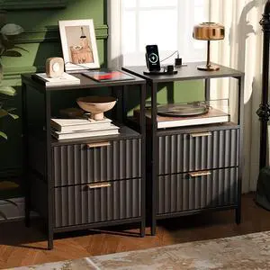 Black Nightstands Set of 2 with Fabric Drawers, Fluted Nightstands with Charging Station, Night Stand Set of 2, Small Bedside Table, Bed Side Table/Night Stand with Charging Station for Bedroom Black Nightstands Set of 2 with Fabric Drawers, Fluted Nightstands with Charging Station, Night Stand Set of 2, Small Bedside Table, Bed Side Table/Night Stand with Charging Station for Bedroom