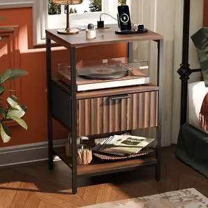 Nightstand with Charging Station and Fabric Drawer, Walnut Nightstand Fluted with Drawer, Bedside Table/End Table with Charger Station, Side Table Bedroom, Small Night Stand Dark Walnut, 1 pc Nightstand with Charging Station and Fabric Drawer, Walnut Nightstand Fluted with Drawer, Bedside Table/End Table with Charger Station, Side Table Bedroom, Small Night Stand Dark Walnut, 1 pc
