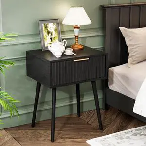Fluted Nightstand with Drawer, 19" W Mid Century Modern Nightstand for Bedroom, Bedside Table, End Tables Bedroom, Wood Night Stand, Black, 18.9" W*14.96" D*24" H Fluted Nightstand with Drawer, 19" W Mid Century Modern Nightstand for Bedroom, Bedside Table, End Tables Bedroom, Wood Night Stand, Black, 18.9" W*14.96" D*24" H