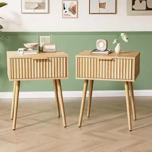 Nightstands Set of 2, Fluted Night Stand with Drawer, Bedside Table, Wood Nightstand for Bedroom, Mid Century Modern End Tables, Natural Oak, 18.9" W*14.96" D*24" H Nightstands Set of 2, Fluted Night Stand with Drawer, Bedside Table, Wood Nightstand for Bedroom, Mid Century Modern End Tables, Natural Oak, 18.9" W*14.96" D*24" H