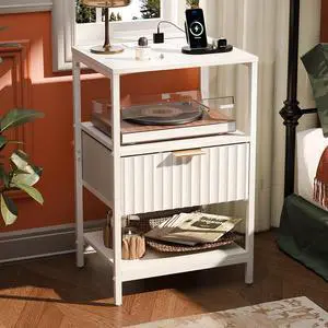 White Nightstand with Charging Station and Fabric Drawer, Fluted Night Stand/Bedside Table, Small Night Stand with Charger Station for Bedroom, Dorm, 14.96" W*11.81" D*23.7" H, 1 pc White Nightstand with Charging Station and Fabric Drawer, Fluted Night Stand/Bedside Table, Small Night Stand with Charger Station for Bedroom, Dorm, 14.96" W*11.81" D*23.7" H, 1 pc