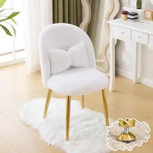 Fluffy Girls Vanity Chair with Back & Pillow,Cute Small Cozy Desk Chair No Wheels,Comfy Makeup Ch with Ajustable Gold Legs,for Bedroom,Living Room,Small Space,White Fluffy Girls Vanity Chair with Back & Pillow,Cute Small Cozy Desk Chair No Wheels,Comfy Makeup Ch with Ajustable Gold Legs,for Bedroom,Living Room,Small Space,White