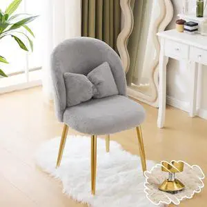 Fluffy Girls Vanity Chair with Back & Pillow,Cute Small Cozy Desk Chair No Wheels,Comfy Makeup Ch with Ajustable Gold Legs,for Bedroom,Living Room,Small Space,Grey Fluffy Girls Vanity Chair with Back & Pillow,Cute Small Cozy Desk Chair No Wheels,Comfy Makeup Ch with Ajustable Gold Legs,for Bedroom,Living Room,Small Space,Grey