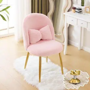 Fluffy Girls Vanity Chair with Back & Pillow,Cute Small Cozy Desk Chair No Wheels,Comfy Makeup Ch with Ajustable Gold Legs,for Bedroom,Living Room,Small Space,Pink Fluffy Girls Vanity Chair with Back & Pillow,Cute Small Cozy Desk Chair No Wheels,Comfy Makeup Ch with Ajustable Gold Legs,for Bedroom,Living Room,Small Space,Pink