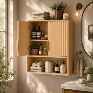 Bathroom Wall Cabinet with Fluted Doors, Natural Oak Wall Mounted Medicine Cabinet with Adjustable Shelf, Over The Toilet Storage Cabinet for Bathroom, Kitchen & Laundry Room Bathroom Wall Cabinet with Fluted Doors, Natural Oak Wall Mounted Medicine Cabinet with Adjustable Shelf, Over The Toilet Storage Cabinet for Bathroom, Kitchen & Laundry Room