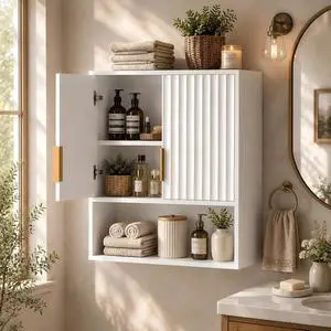 White Bathroom Wall Cabinet, Modern Fluted Medicine Cabinet with Gold Handles, Wall Mounted Storage Over Toilet with Adjustable Shelf, Soft Close Hanging Organizer for Kitchen, Laundry Room White Bathroom Wall Cabinet, Modern Fluted Medicine Cabinet with Gold Handles, Wall Mounted Storage Over Toilet with Adjustable Shelf, Soft Close Hanging Organizer for Kitchen, Laundry Room