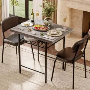 Dining Table Set for 2, Small Kitchen Table Set with Upholstered Chairs, 3-Piece Dining Set with Storage Rack, Wood Dining Room Set with Metal Legs for Small Spaces, Living Room, Grey Dining Table Set for 2, Small Kitchen Table Set with Upholstered Chairs, 3-Piece Dining Set with Storage Rack, Wood Dining Room Set with Metal Legs for Small Spaces, Living Room, Grey