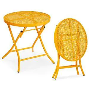 Outdoor Folding Side Table with Chic Hollow Pattern and Durable, Rust-Resistant Coated Iron Patio Bistro Table Suitable for Indoor & Outdoor Porch, Deck, Balcony and Pool,Yellow Outdoor Folding Side Table with Chic Hollow Pattern and Durable, Rust-Resistant Coated Iron Patio Bistro Table Suitable for Indoor & Outdoor Porch, Deck, Balcony and Pool,Yellow