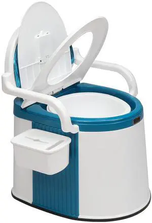 Portable Toilet | Back & Handrail Design Commode with 5 Gallon Bucket Inner, Camping RV Toilet for Adult, Kids, Home, Boat, Van, Travel, Plastic, Blue & white Portable Toilet | Back & Handrail Design Commode with 5 Gallon Bucket Inner, Camping RV Toilet for Adult, Kids, Home, Boat, Van, Travel, Plastic, Blue & white