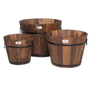 3 PCS Large Wooden Planter Barrel Set, 11.5"(Dia)- 18"(Dia) Real Wood Indoor/Outdoor Flower Pot w/Drainage Holes, Different Sizes, Large Garden Container Box 3 PCS Large Wooden Planter Barrel Set, 11.5"(Dia)- 18"(Dia) Real Wood Indoor/Outdoor Flower Pot w/Drainage Holes, Different Sizes, Large Garden Container Box