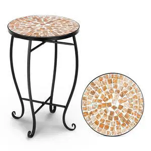 Mosaic Outdoor Side Table, 14" Round End Table, Accent Table, Plant Stand Ideal for Pool Side, Porch, Patio, Deck or Sofa Side, Glass Top Black Iron, Golden Backyard Mosaic Outdoor Side Table, 14" Round End Table, Accent Table, Plant Stand Ideal for Pool Side, Porch, Patio, Deck or Sofa Side, Glass Top Black Iron, Golden Backyard