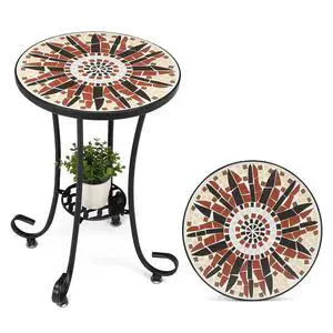 Mosaic Outdoor Side Table, 14" Round End Table, Accent Table, Ceramic Tile Top Black Iron,Brown Flower Mosaic Outdoor Side Table, 14" Round End Table, Accent Table, Ceramic Tile Top Black Iron,Brown Flower
