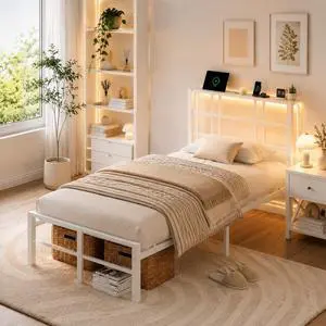 VINGLI Twin Bed Frame with LED Lights and Charging Station, White Twin Size Bed Frame with Storage Headboard with Shelf, Heavy Duty Platform Bed, Noise Free, No Box Spring Needed, White VINGLI Twin Bed Frame with LED Lights and Charging Station, White Twin Size Bed Frame with Storage Headboard with Shelf, Heavy Duty Platform Bed, Noise Free, No Box Spring Needed, White